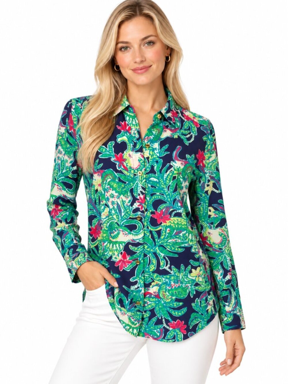 Lilly Pulitzer Isla 100% Silk Blouse in Trunk Show Tropical Button-Up Size XS